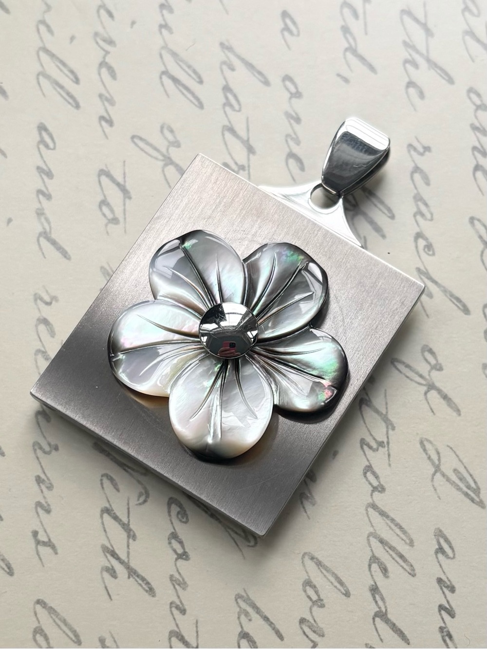 Brushed Stainless Steel Mother of Pearl Flower Pendant - Iridescent White Grey